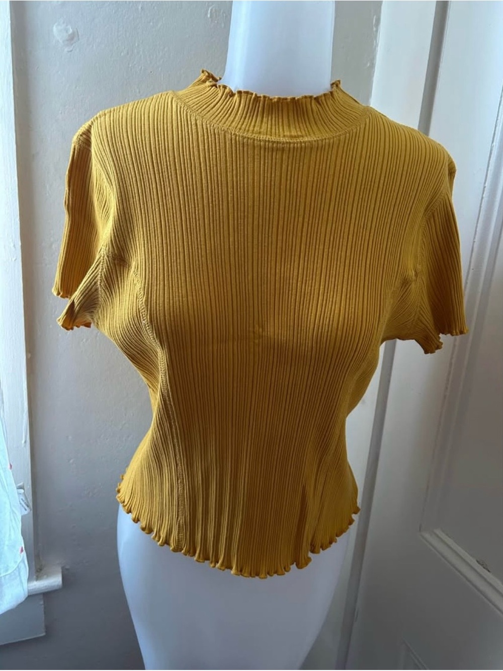 wild fable Mustard Ribbed Lettuce-Edge Crop Top